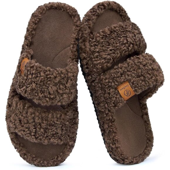 ⚡Women's Elegant Mocha Fuzzy Open Toe Slipper Soft Comfy Memory Foam House Shoes - Picture 1 of 9